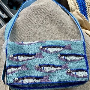 Artisan Viral Sardine Beaded Fish Shoulder Bag - Blue NWT